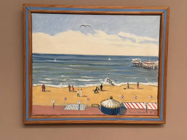Original Swedish Oil on Canvas – "Day at the Beach" by Mona Starfelt – Signed – Dated 1989 – Framed