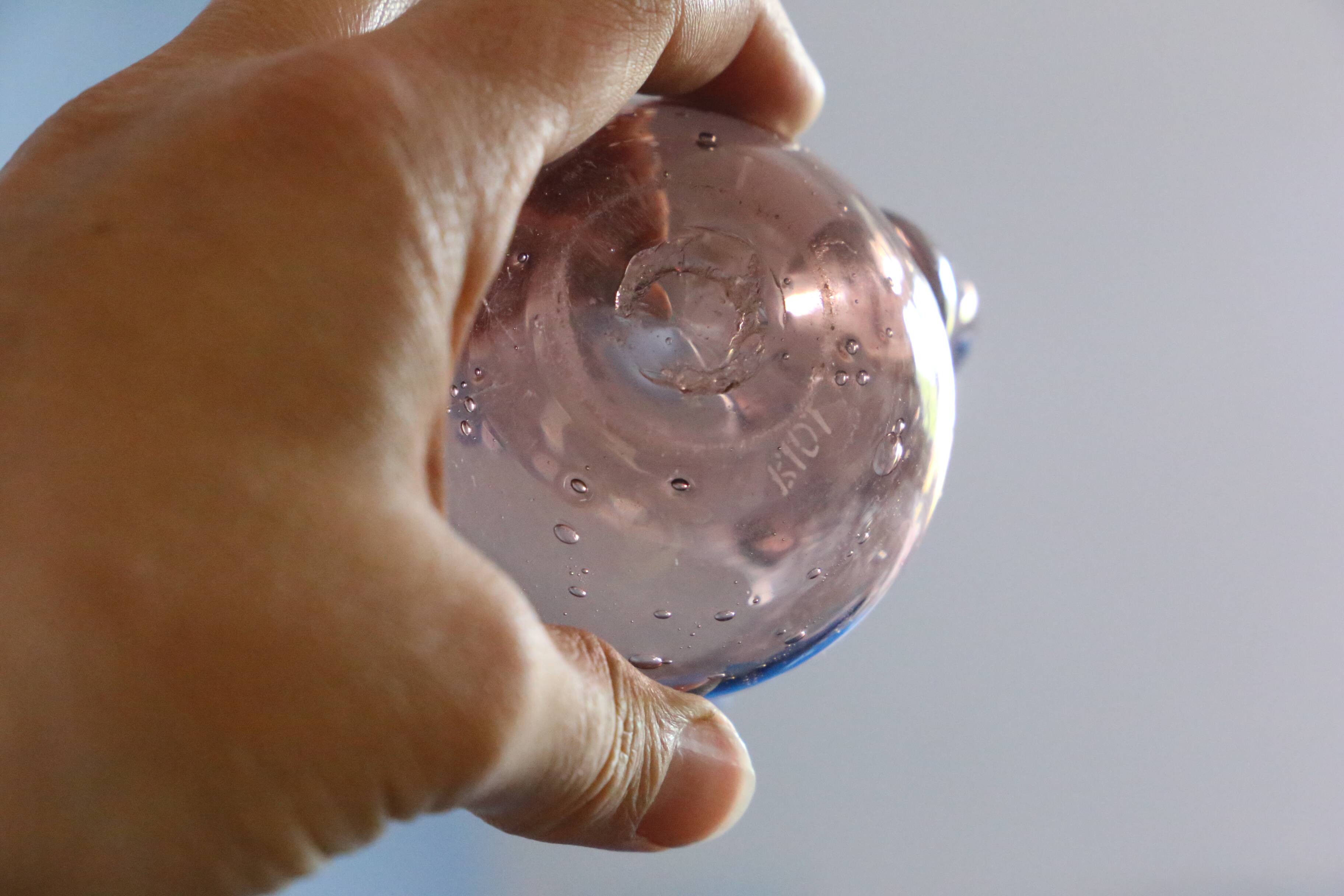 Milk jug, creamer, Biot in bubbled glass, handcrafted, purple, vintage