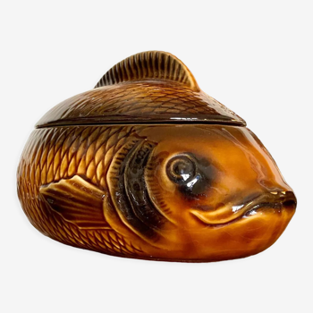 Sarreguemines fish tureen in ochre glazed earthenware
