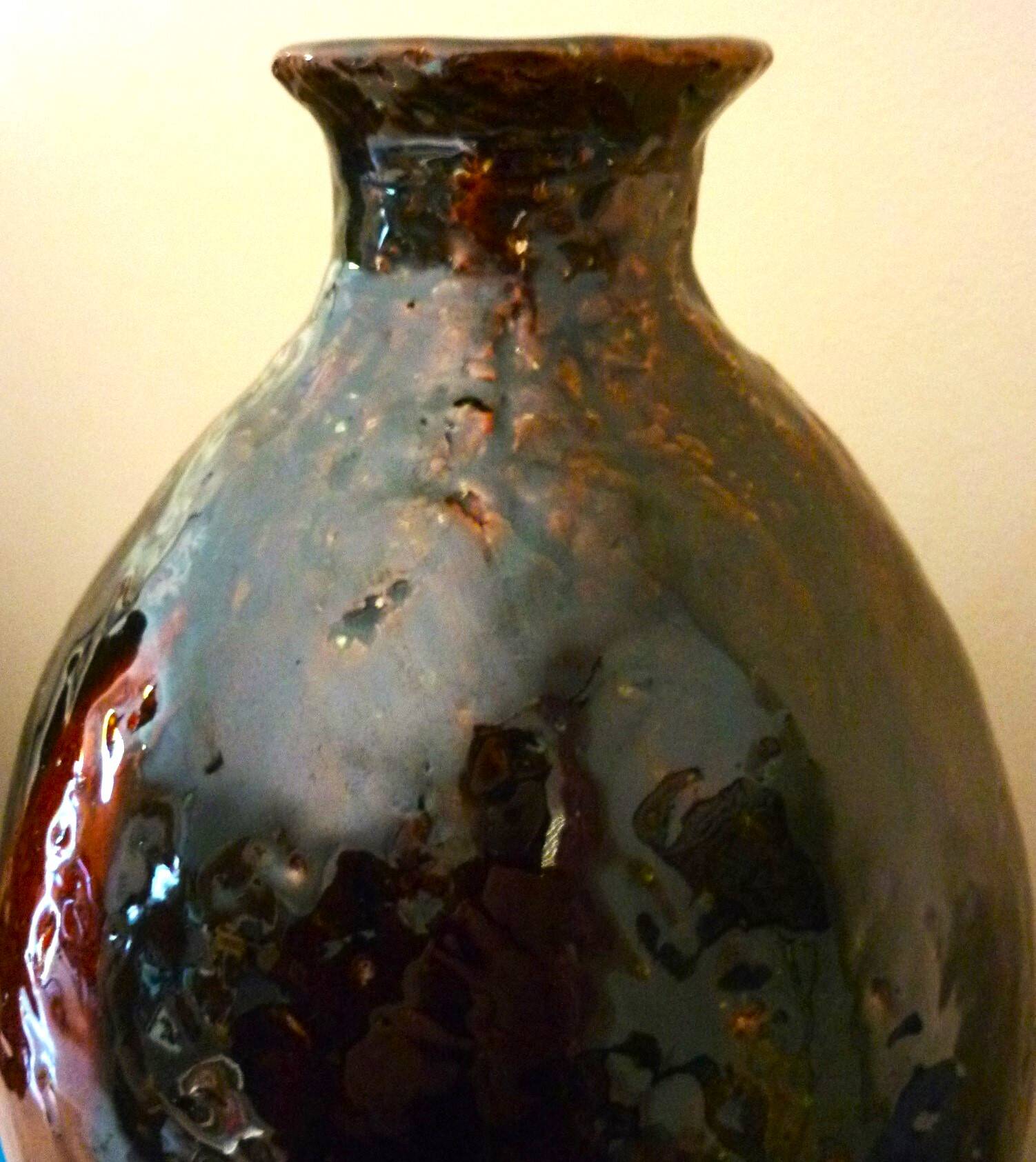 Ceramic vase, chamotte terracotta, enamelled, signature to be identified, vintage