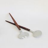 Set of Scandinavian salad cutlery, salt and pepper shaker in teak and steel