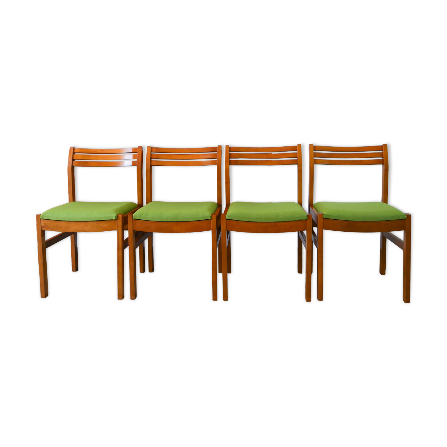 Set of 4 Scandinavian beech wood chairs, green wool, 1960.