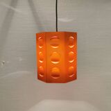 Danish Space-Age hanging lamp from the 80s, made in orange metal with cut-outs.