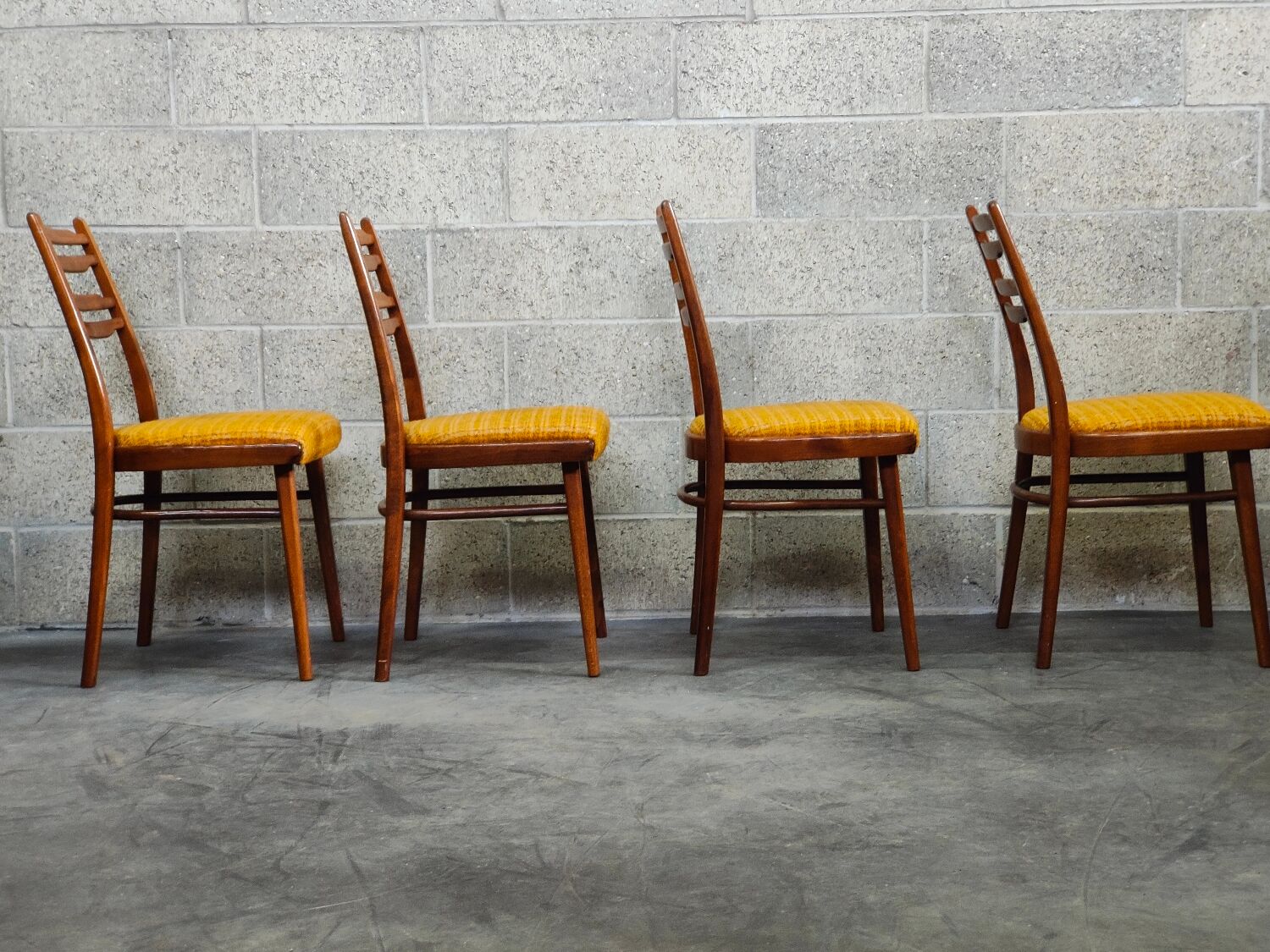 Suite of 4 Czech chairs wood and fabric Yellow "Univerzal" late 60