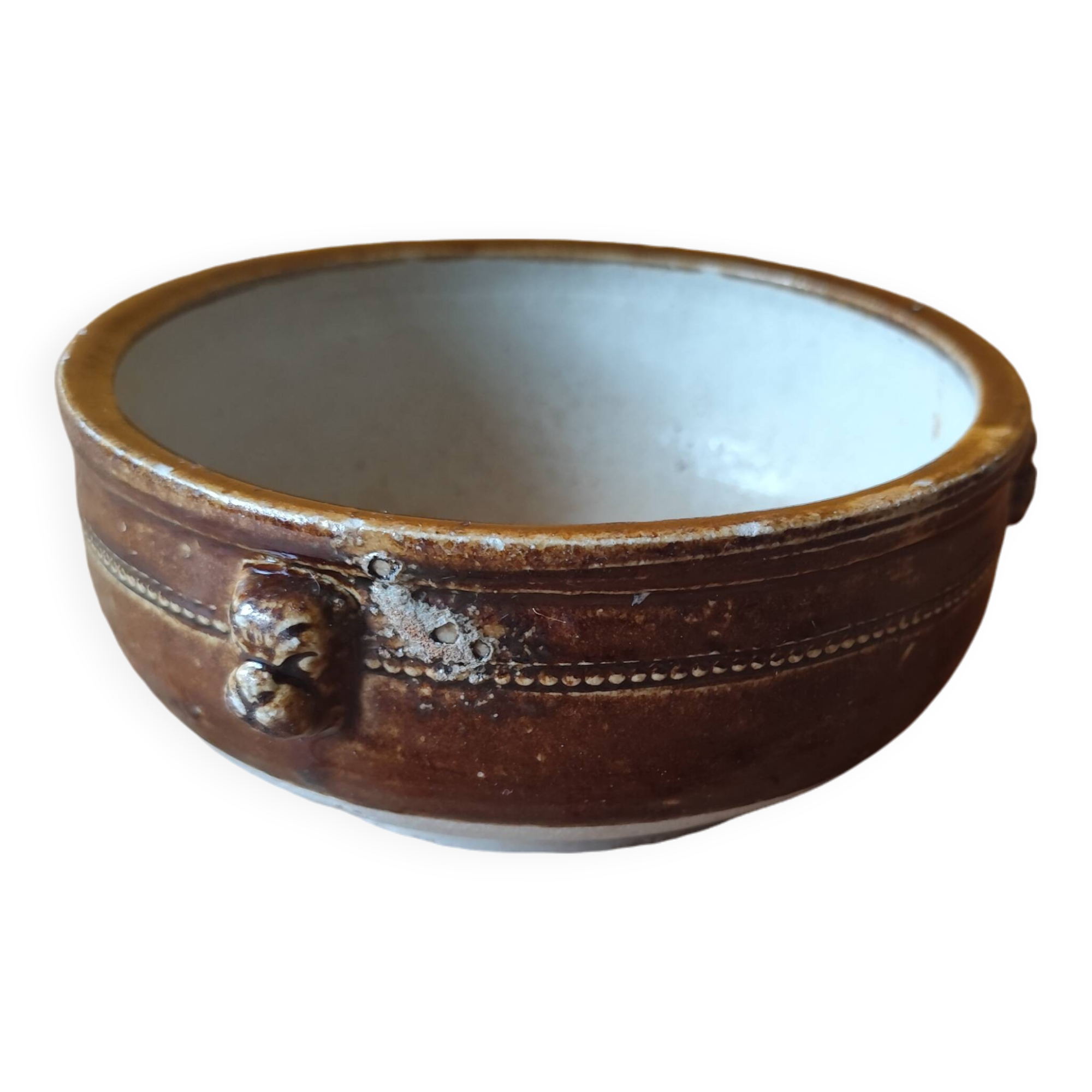 Old small glazed ceramic dish with lion head decoration - brown enamel kitchen bowl