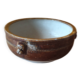 Old small glazed ceramic dish with lion head decoration - brown enamel kitchen bowl