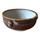 Old small glazed ceramic dish with lion head decoration - brown enamel kitchen bowl