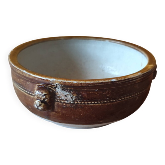 Old small glazed ceramic dish with lion head decoration - brown enamel kitchen bowl