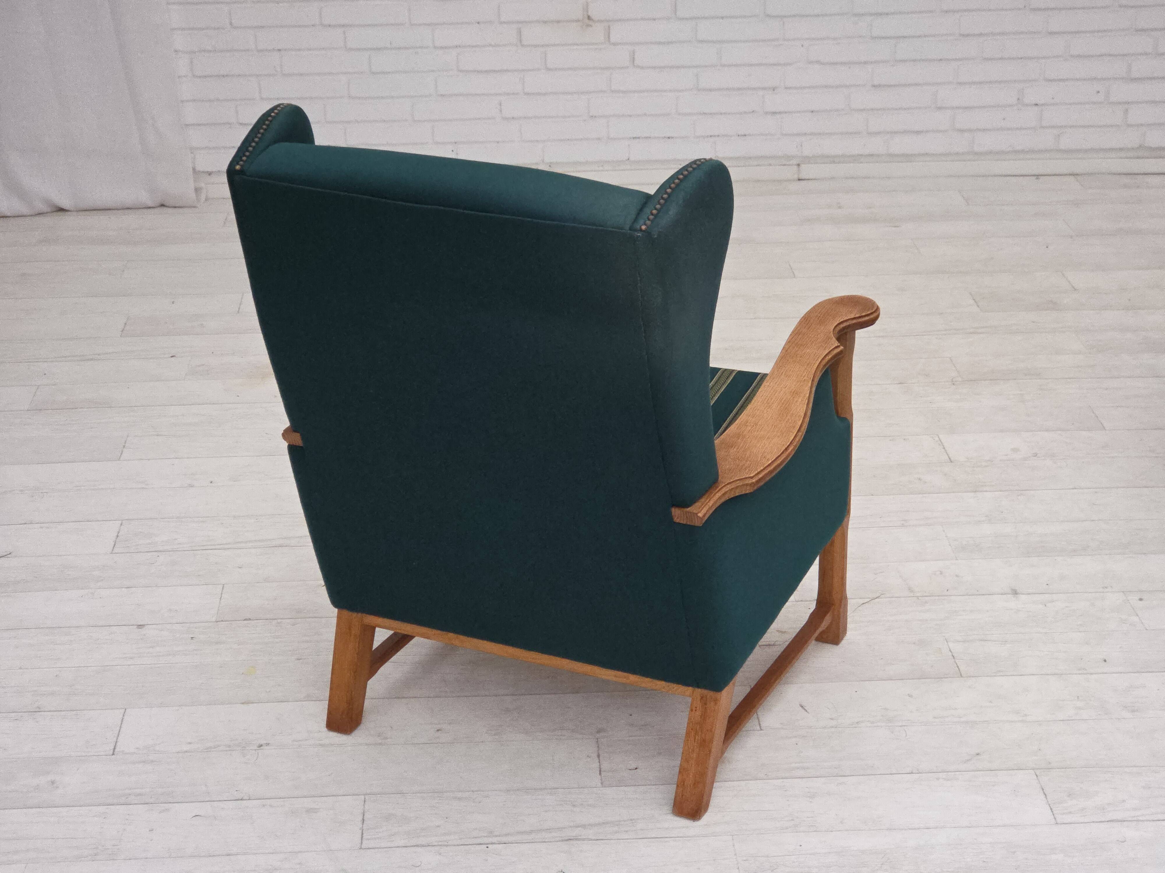 1970s, Danish high back armchair, furniture wool, solid oak wood.