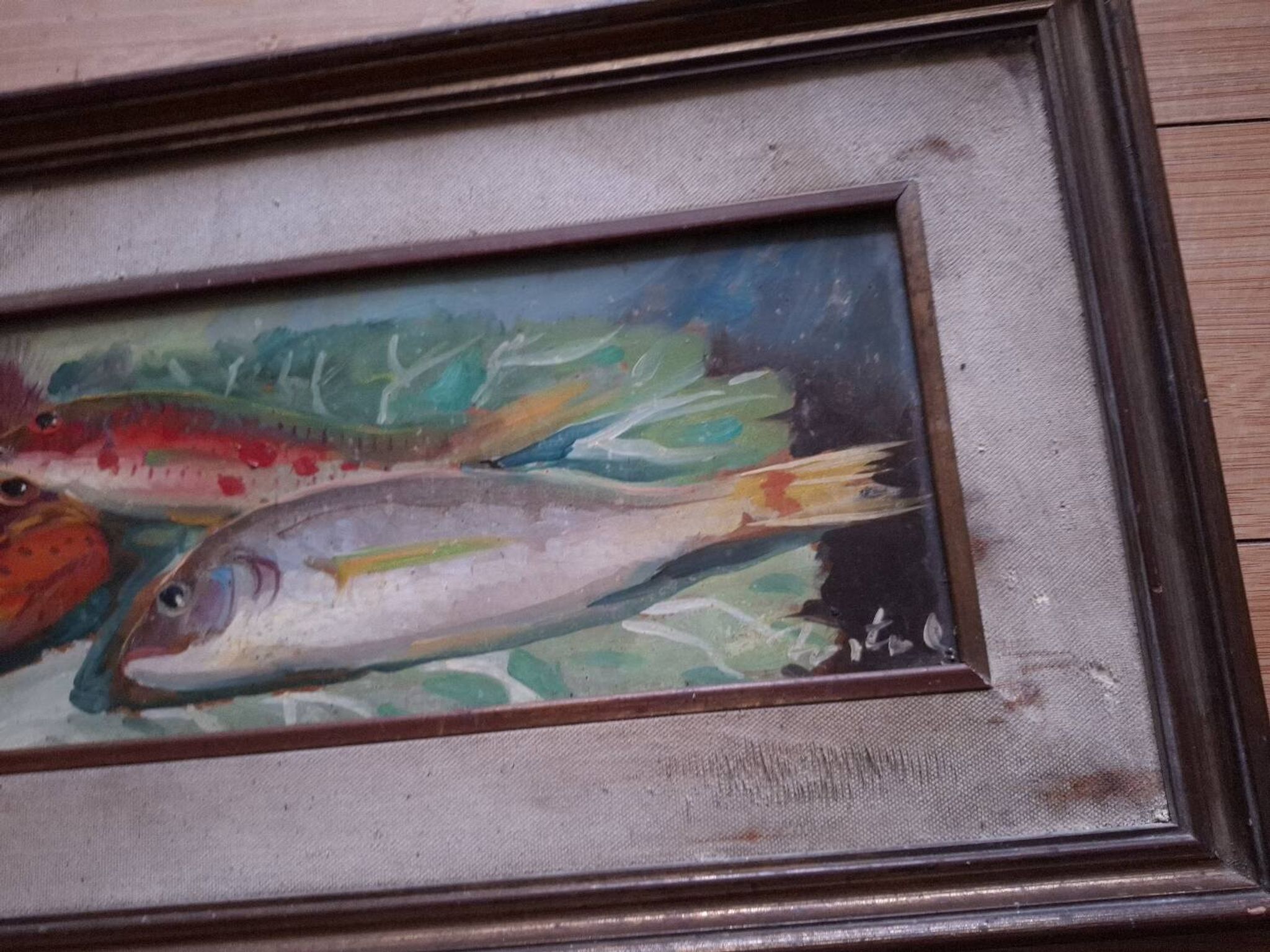 Oil on panel, still life with fish