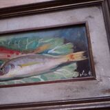 Oil on panel, still life with fish
