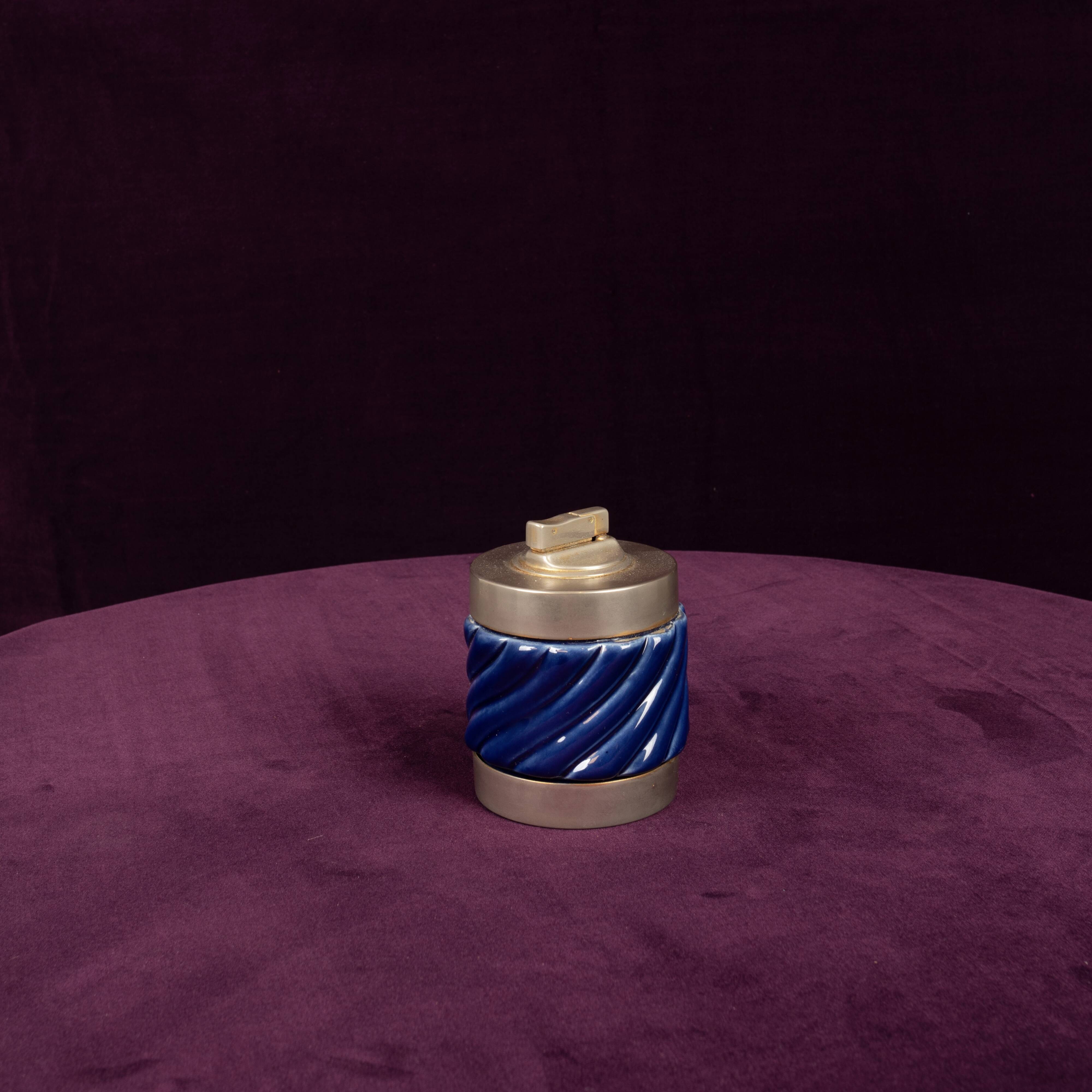 Tommaso Barbi Blue Glazed Ceramic and Brass-Toned Metal Table Lighter, 1970