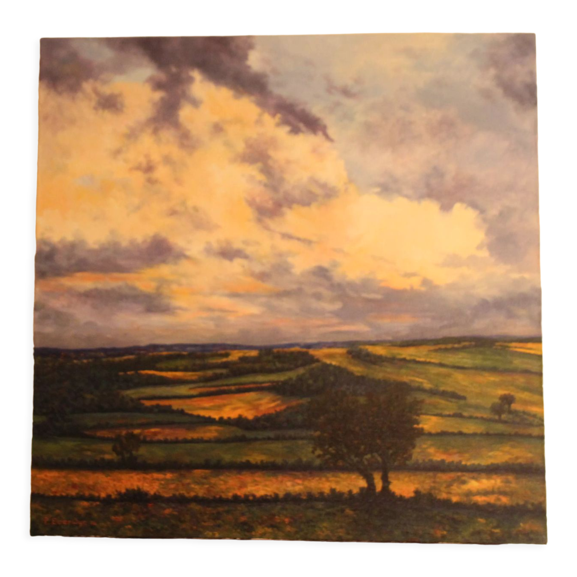 Impressionist painting oil on canvas landscape nature countryside fields bocage in france