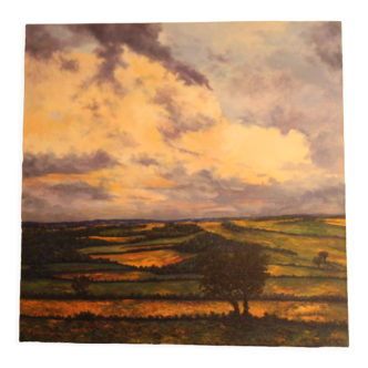 Tableau impressionnist huile sur toile paysage nature campagne champs bocage en france