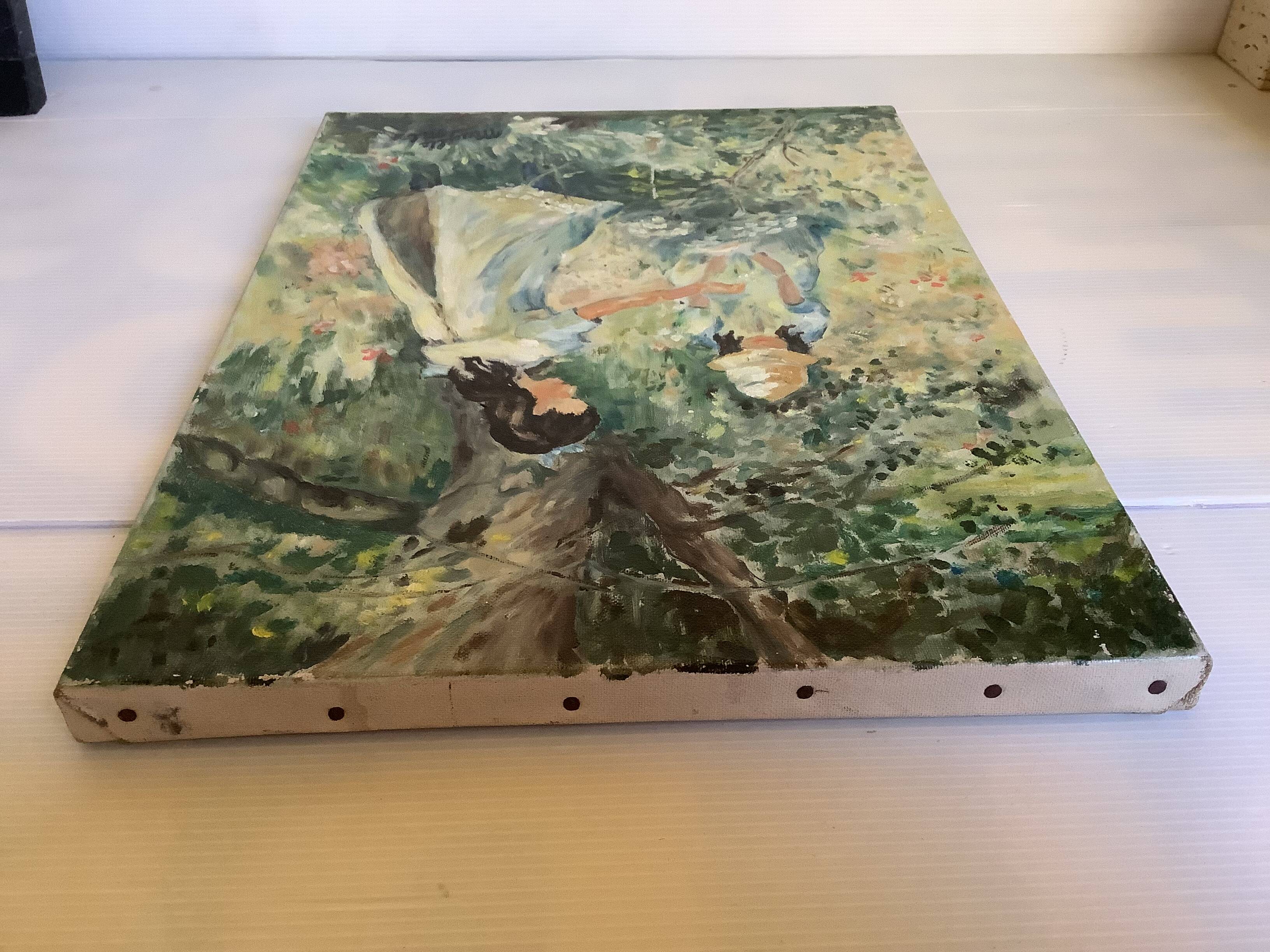 Painting of young girls in the garden, oil on canvas, signed