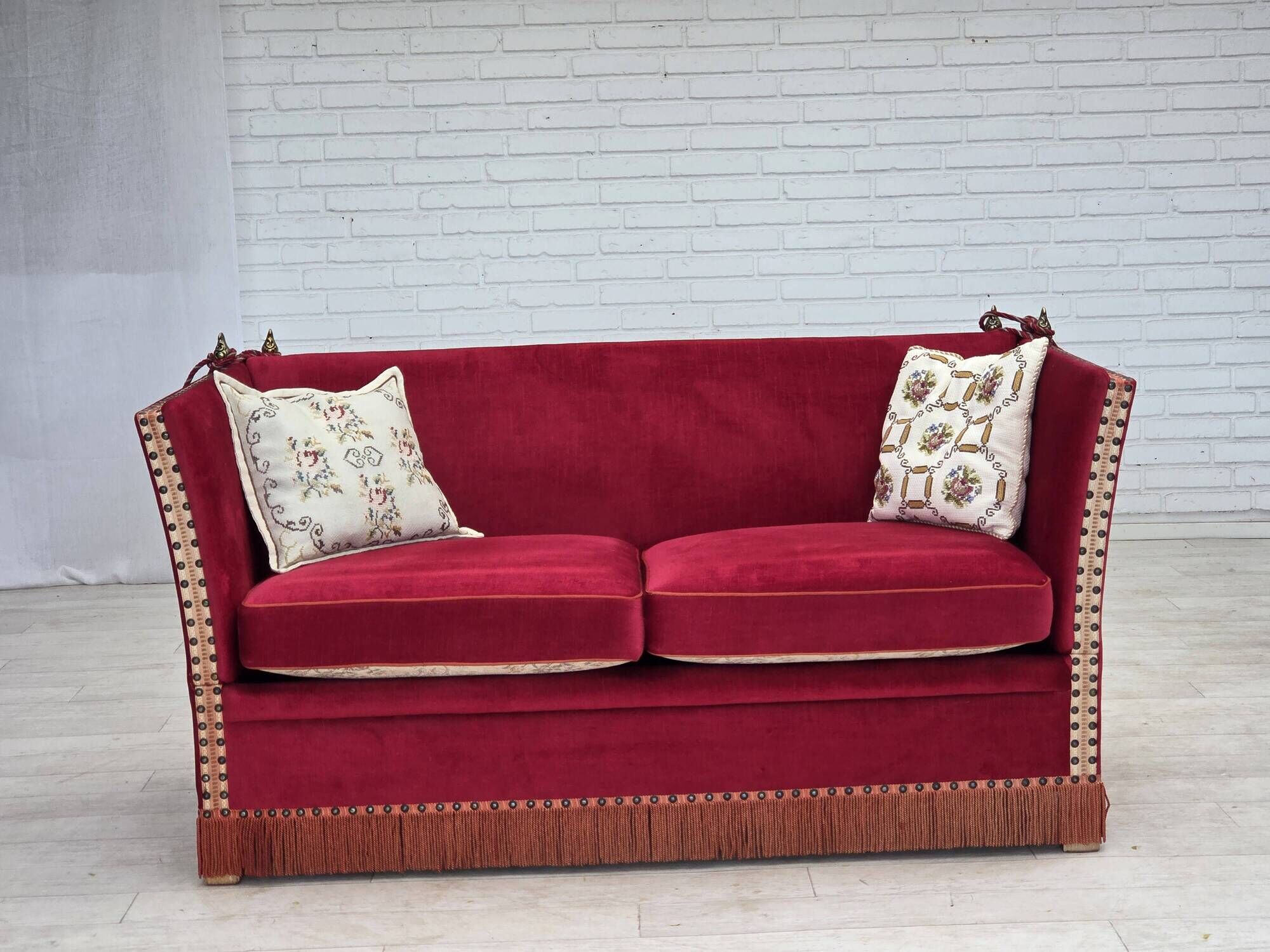 1970s, Danish 2-seater "Spanish" drop arm sofa, furniture velour.