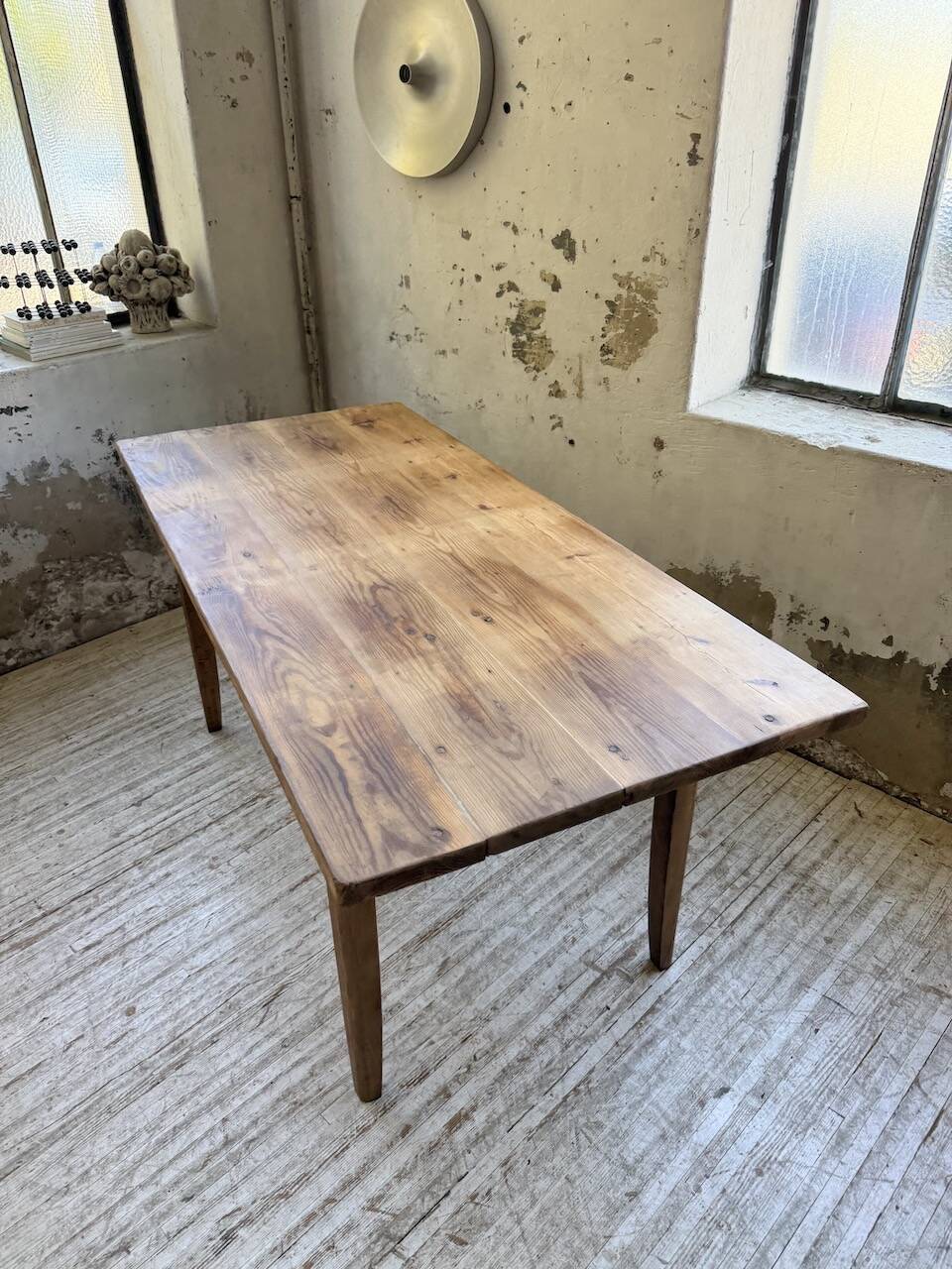 1950s pine and oak farmhouse table with multiple drawers