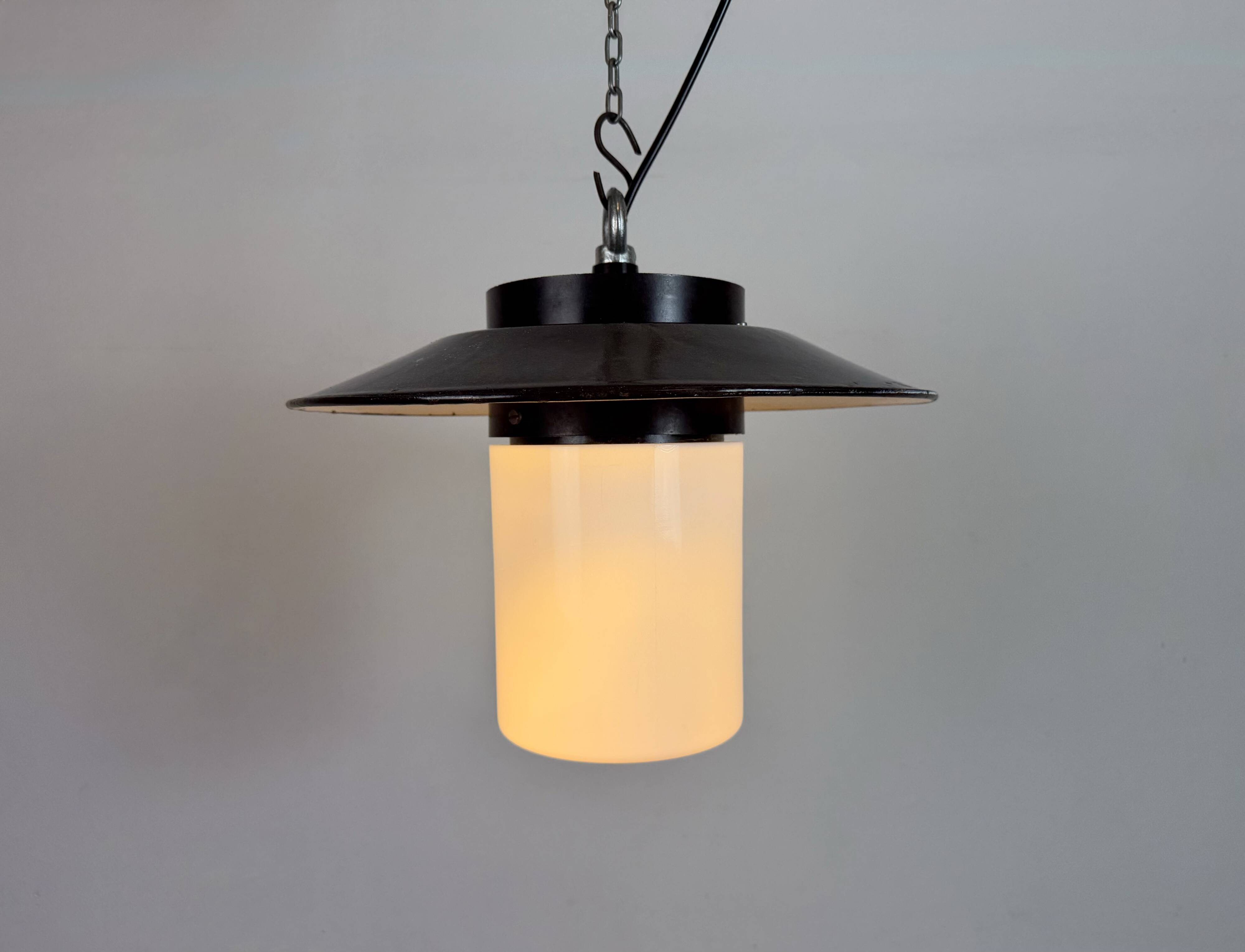 Industrial Grey Enamel Pendant Lamp with Milk Glass, 1960s
