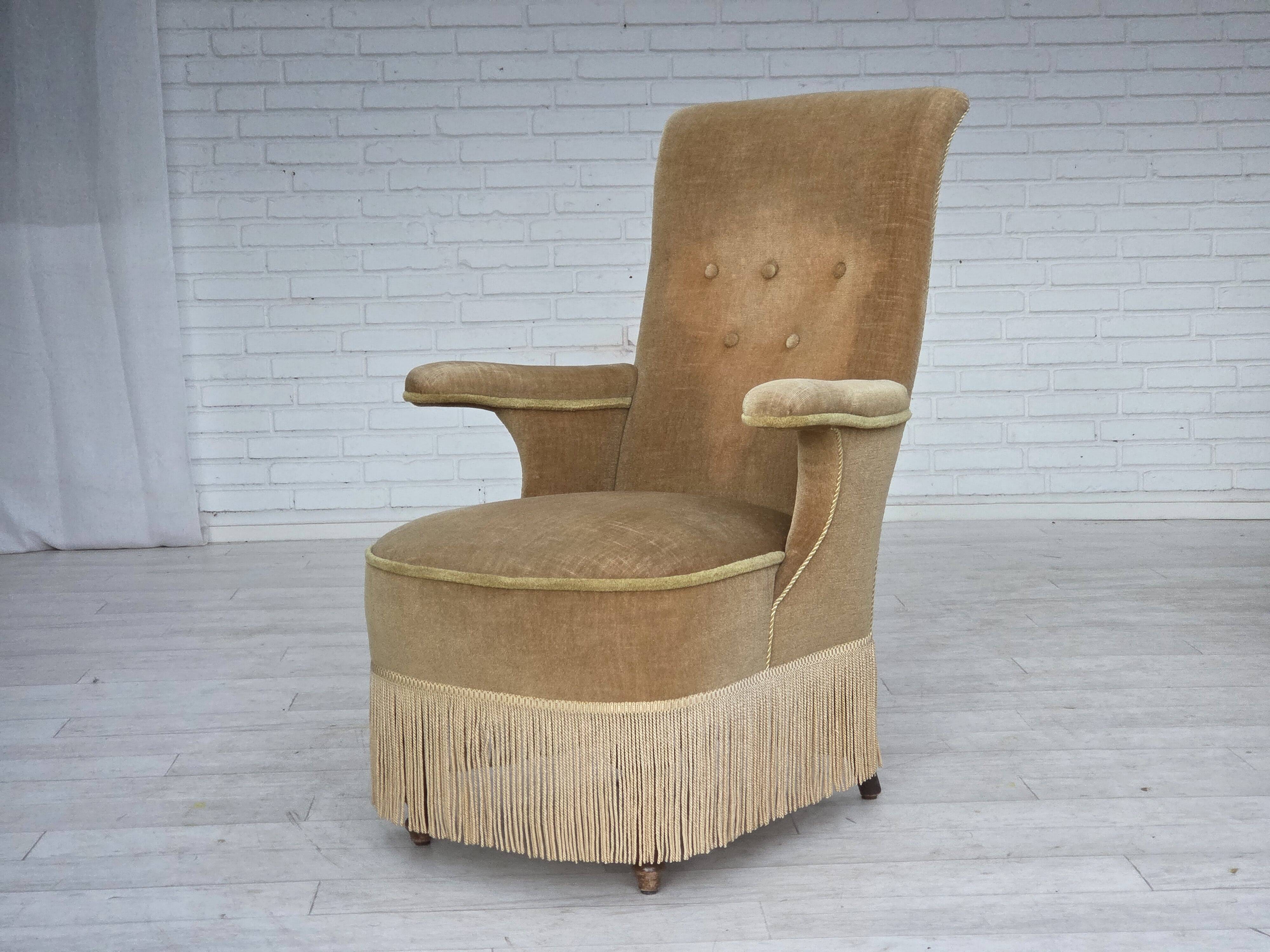 1950s, Danish armchair, furniture velour, ash wood legs.