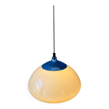 Beige acrylic glass mushroom pendant with a chrome top cap.