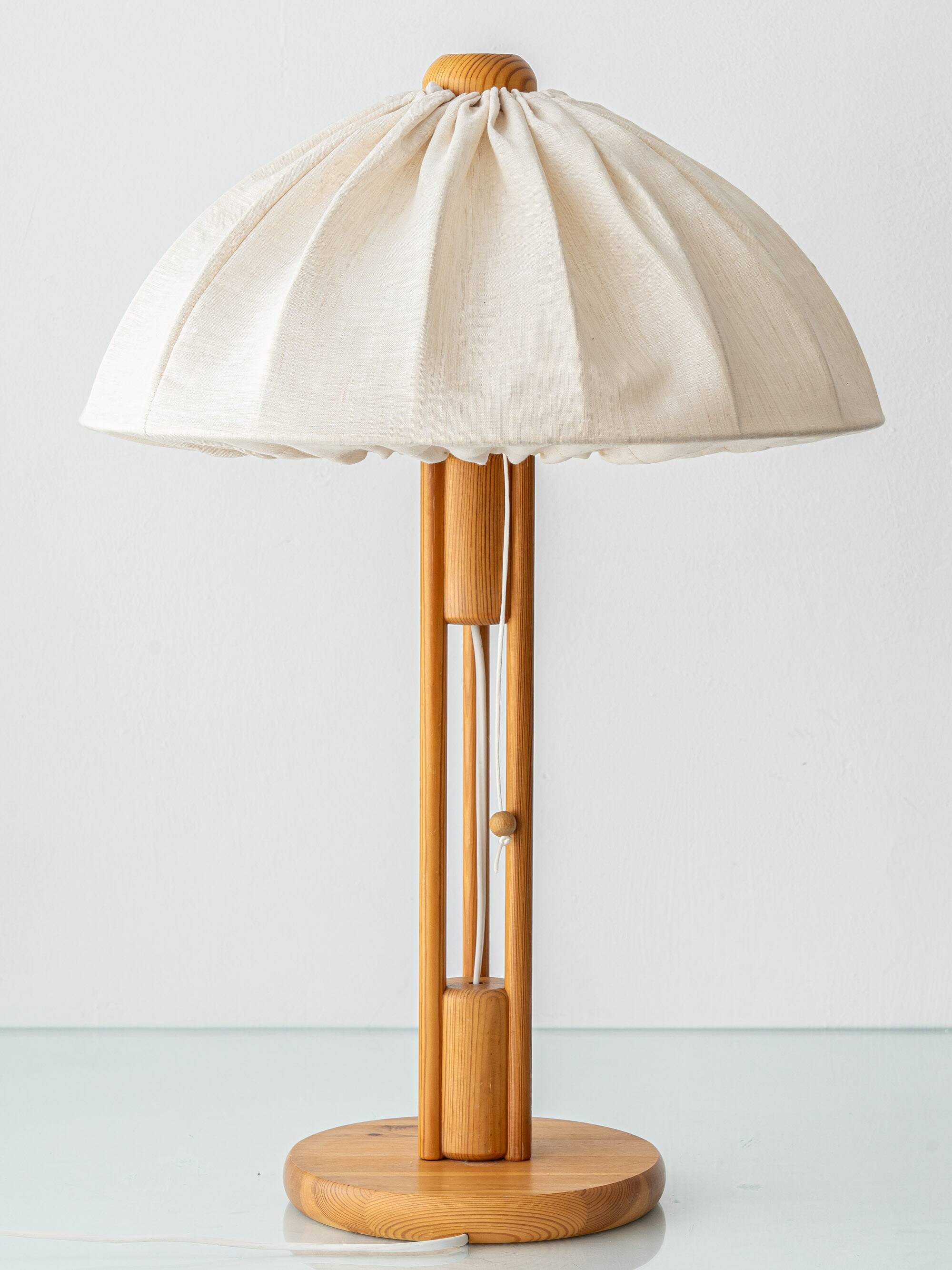 Large Scandinavian Pine Table Lamp with Fabric Shade, 1960s-1970s