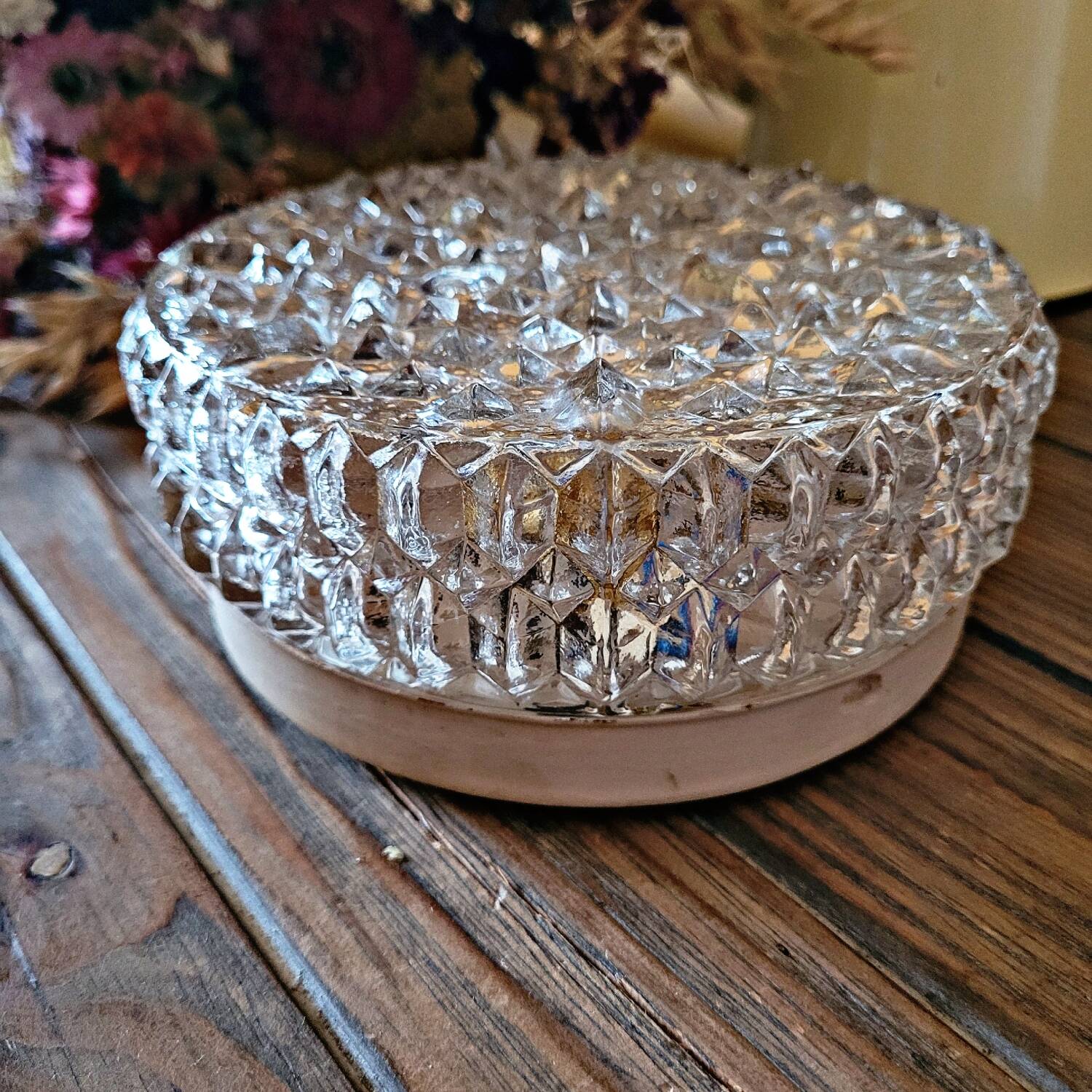 Small vintage wall or ceiling light in molded glass with diamond point pattern