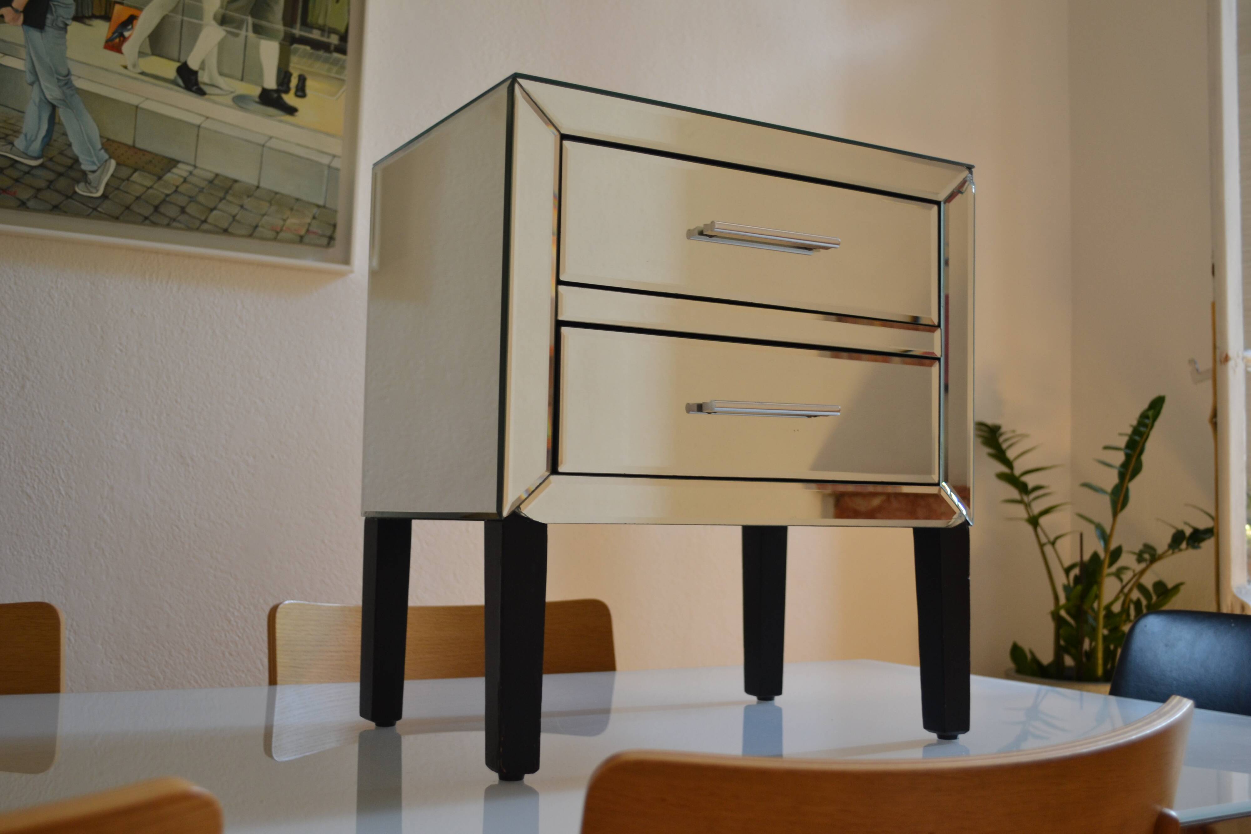 Hollywood Regency style beveled mirror bedside table