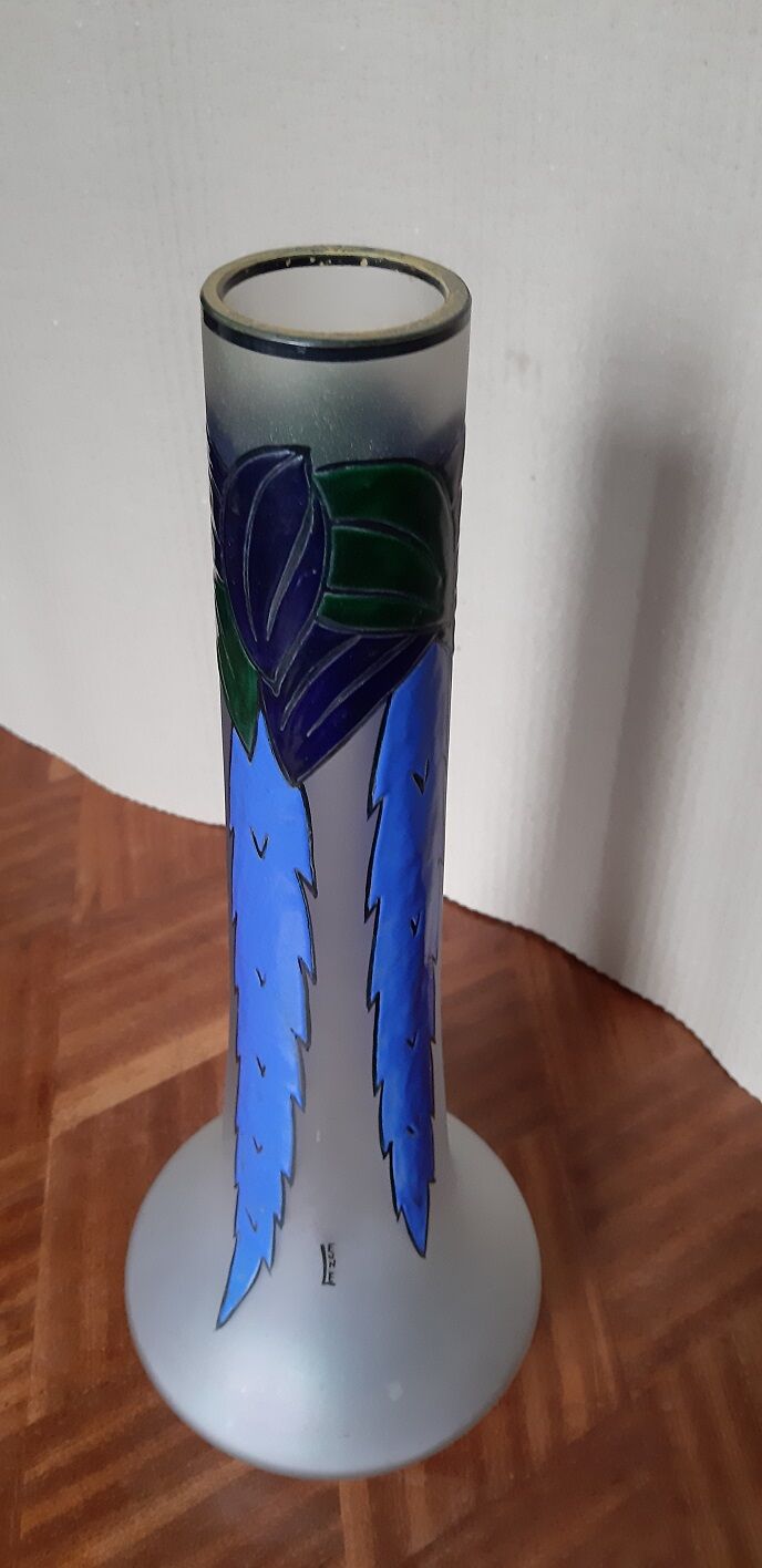Art Deco enamel vase signed Leune