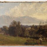 Landscape painting with mountains, figures, and a lake.