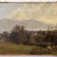 Landscape painting with mountains, figures, and a lake.