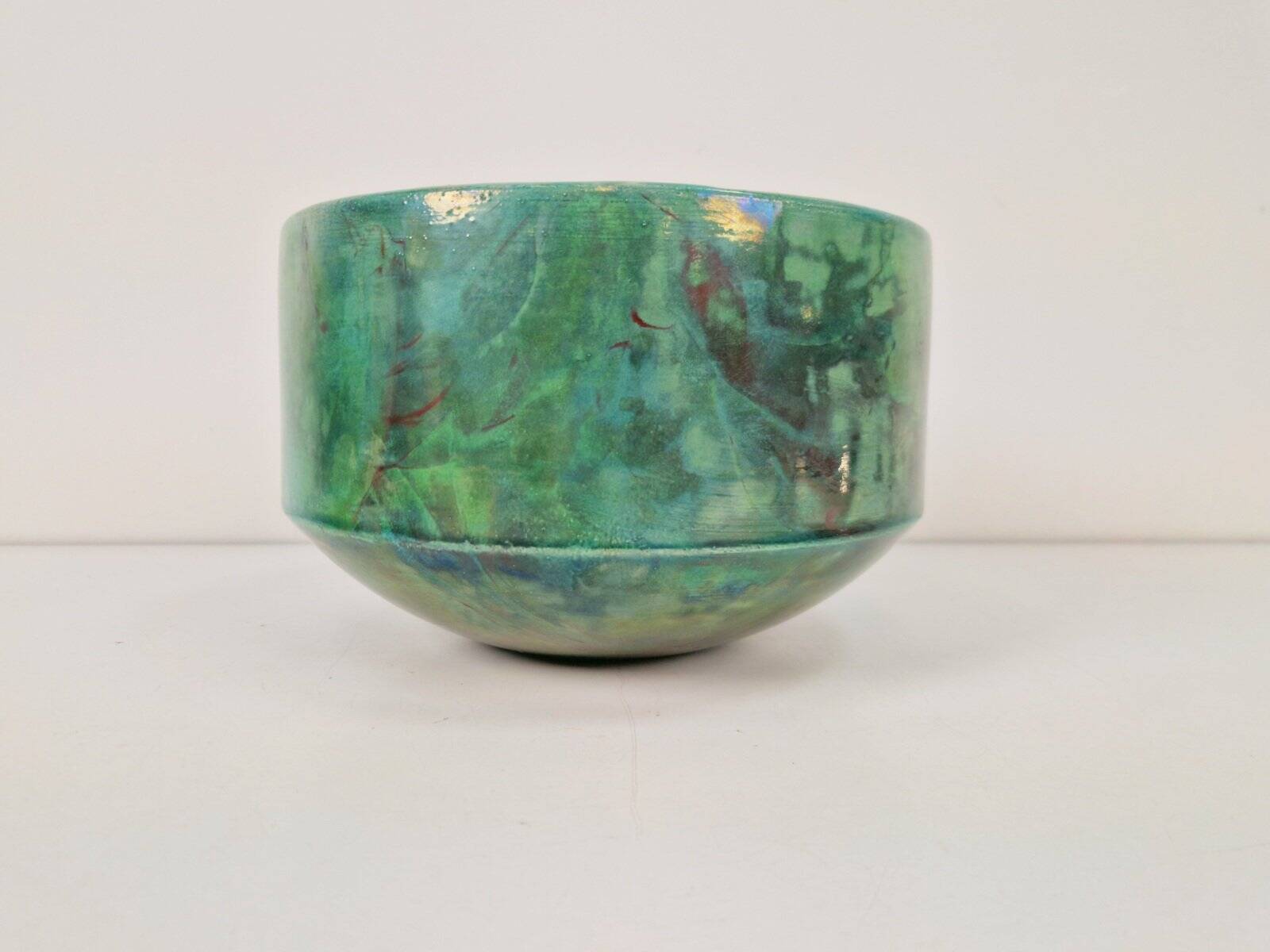 Vintage Handmade Green Luster Glaze Ceramic Bowl, 1960