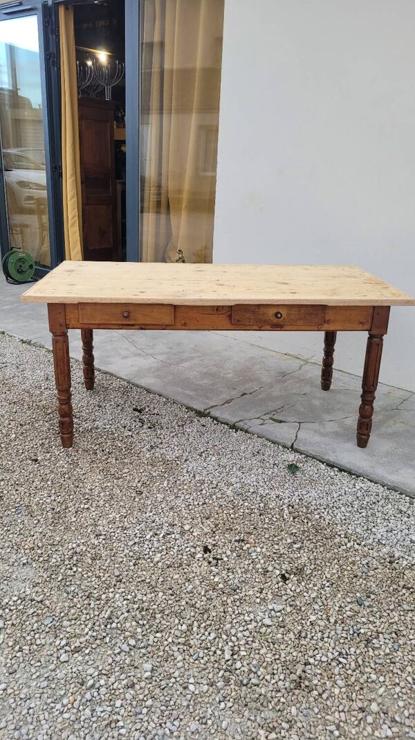 Table de ferme rustique ancienne 2 tiroirs 1900s - 1m62