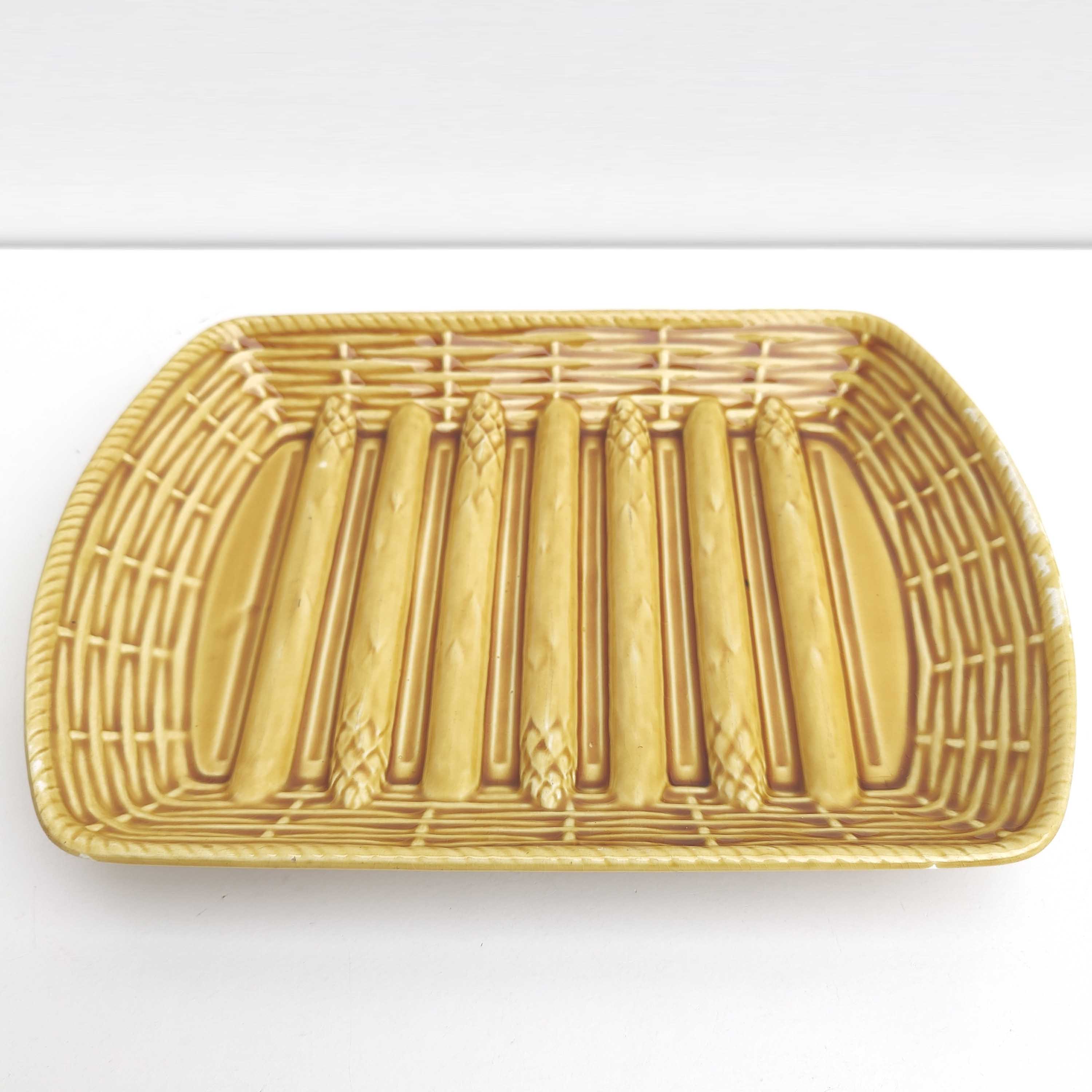 Asparagus dish in yellow ceramic slip sarreguemines France vintage