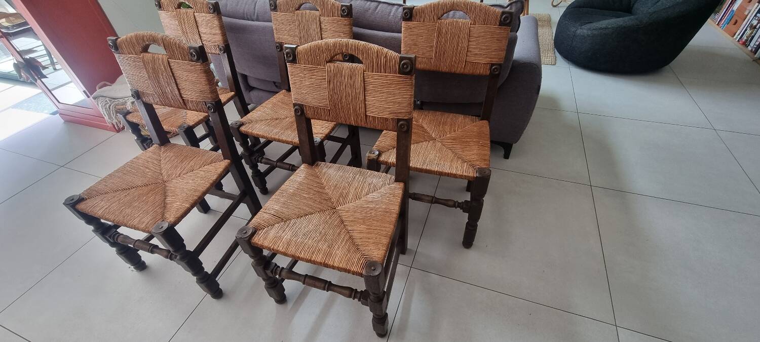 5 straw and wood chairs, brutalist 60s