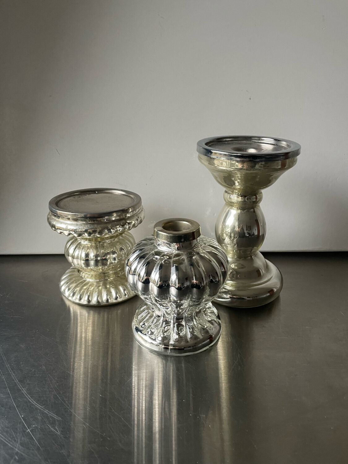 Set of 3 vintage mercury glass candleholders