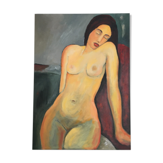 Female nude table on red armchair