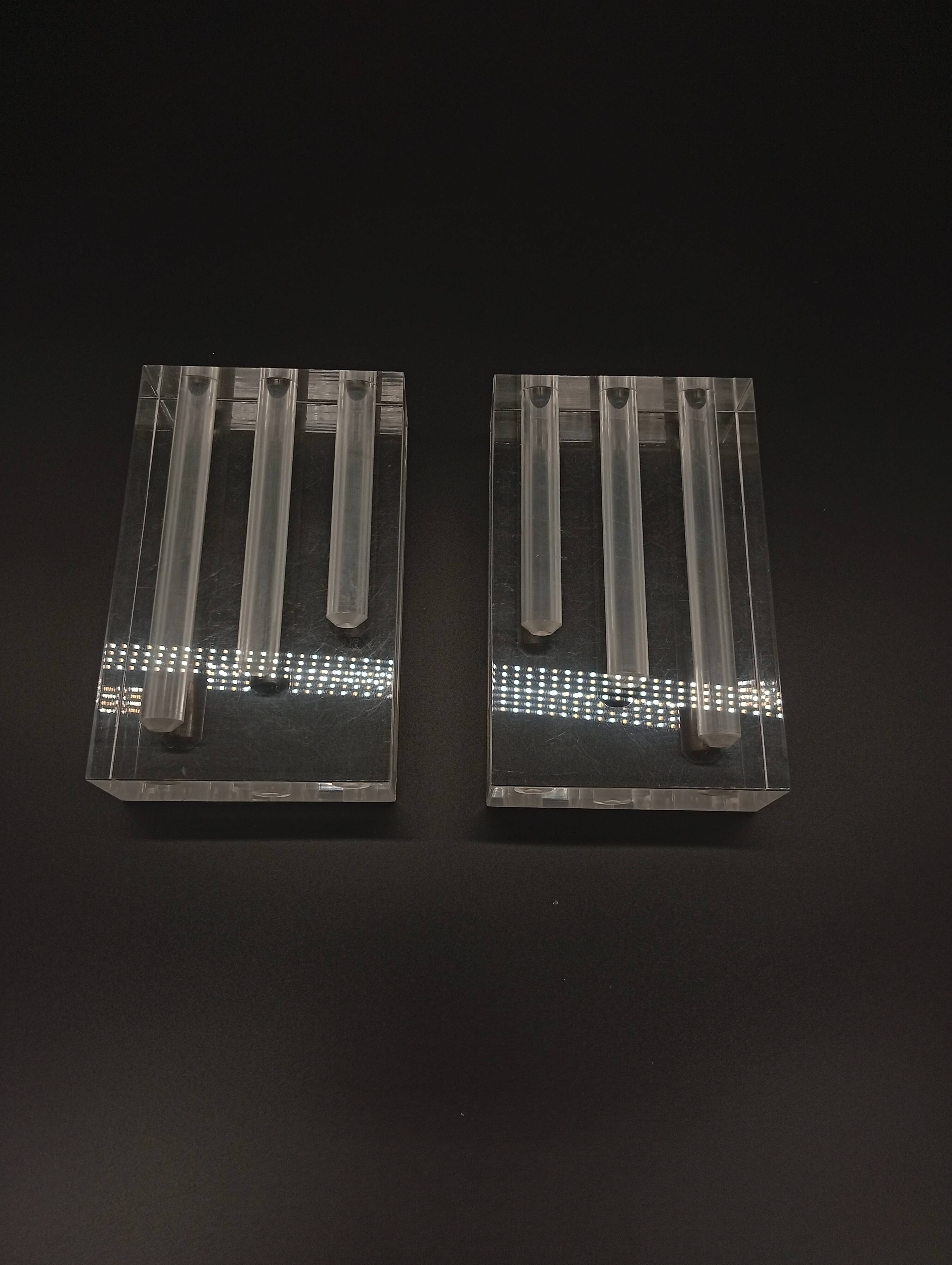 Duo Vase Bloc Résine Lucite Triple Cheminée Plexiglas Design Postmoderne