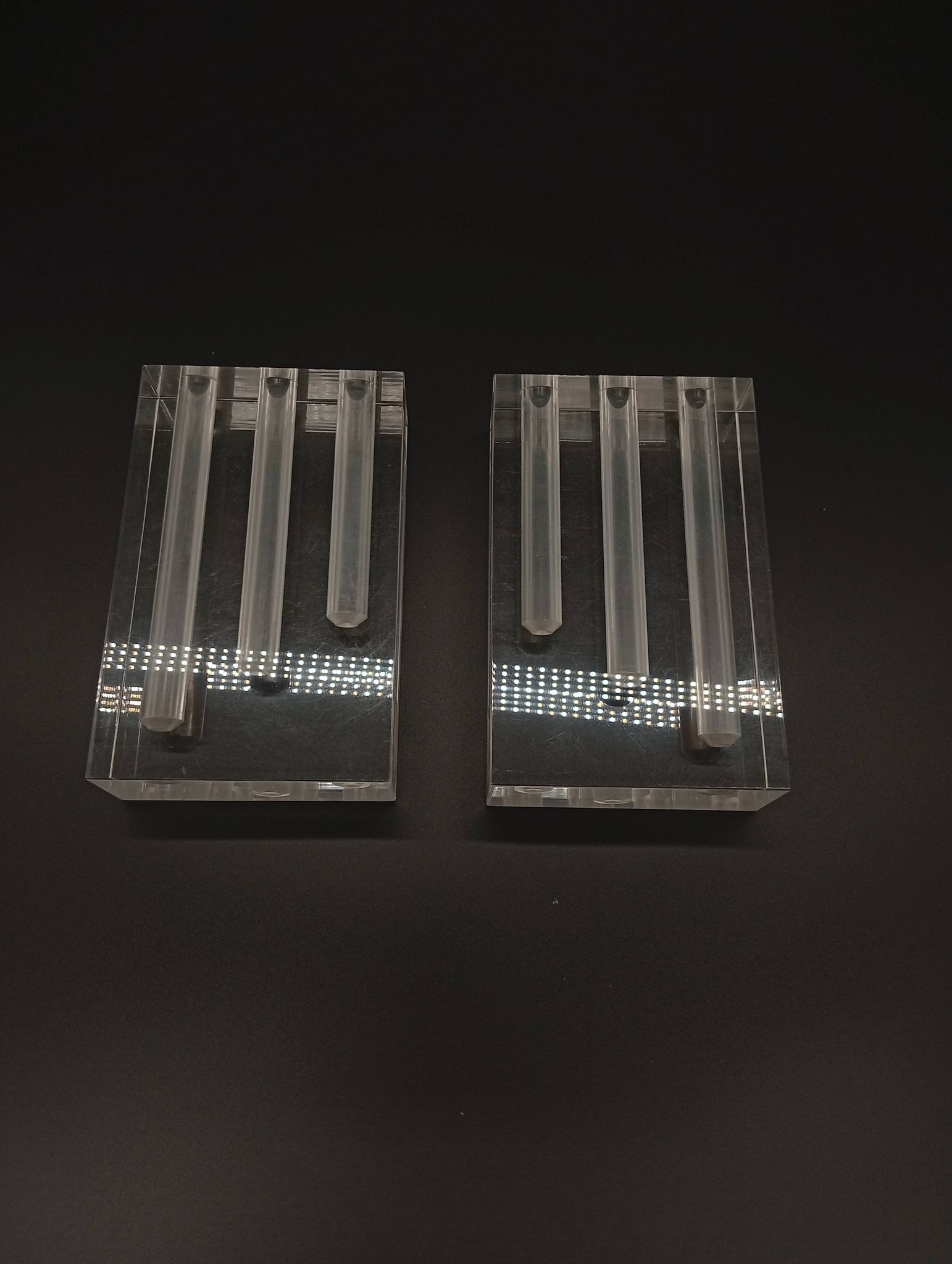 Duo Vase Bloc Résine Lucite Triple Cheminée Plexiglas Design Postmoderne