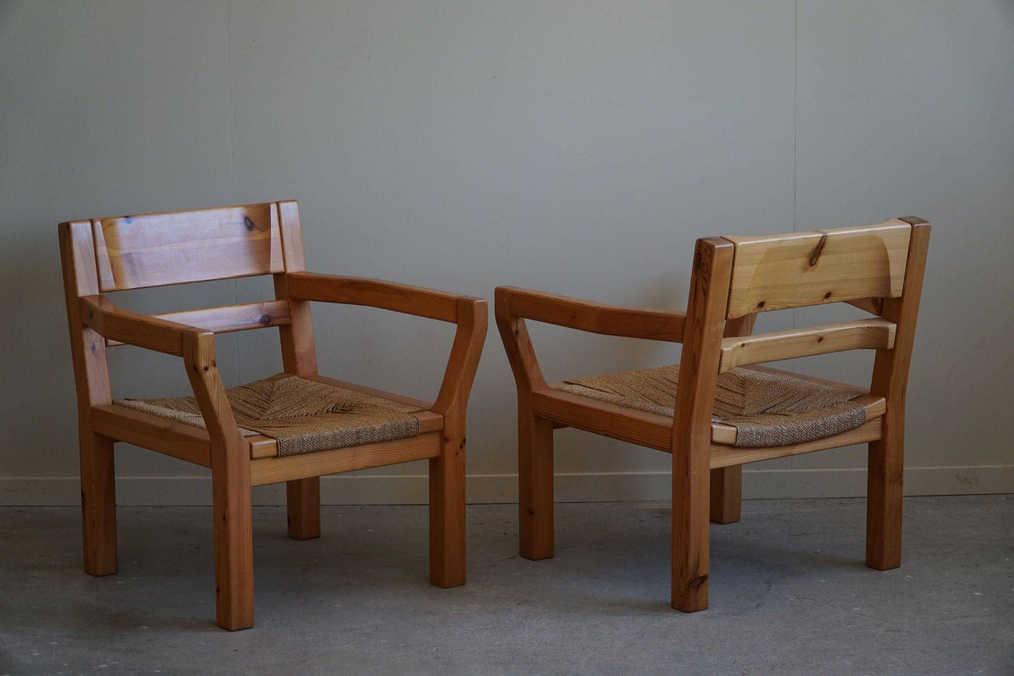 Tage Poulsen, a pair of brutalist chairs in pine and cord, Danish modern style, 1970s.