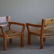 Tage Poulsen, a pair of brutalist chairs in pine and cord, Danish modern style, 1970s.