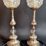 Magnificent pair of table lamps in silver-plated bronze and vintage glassware