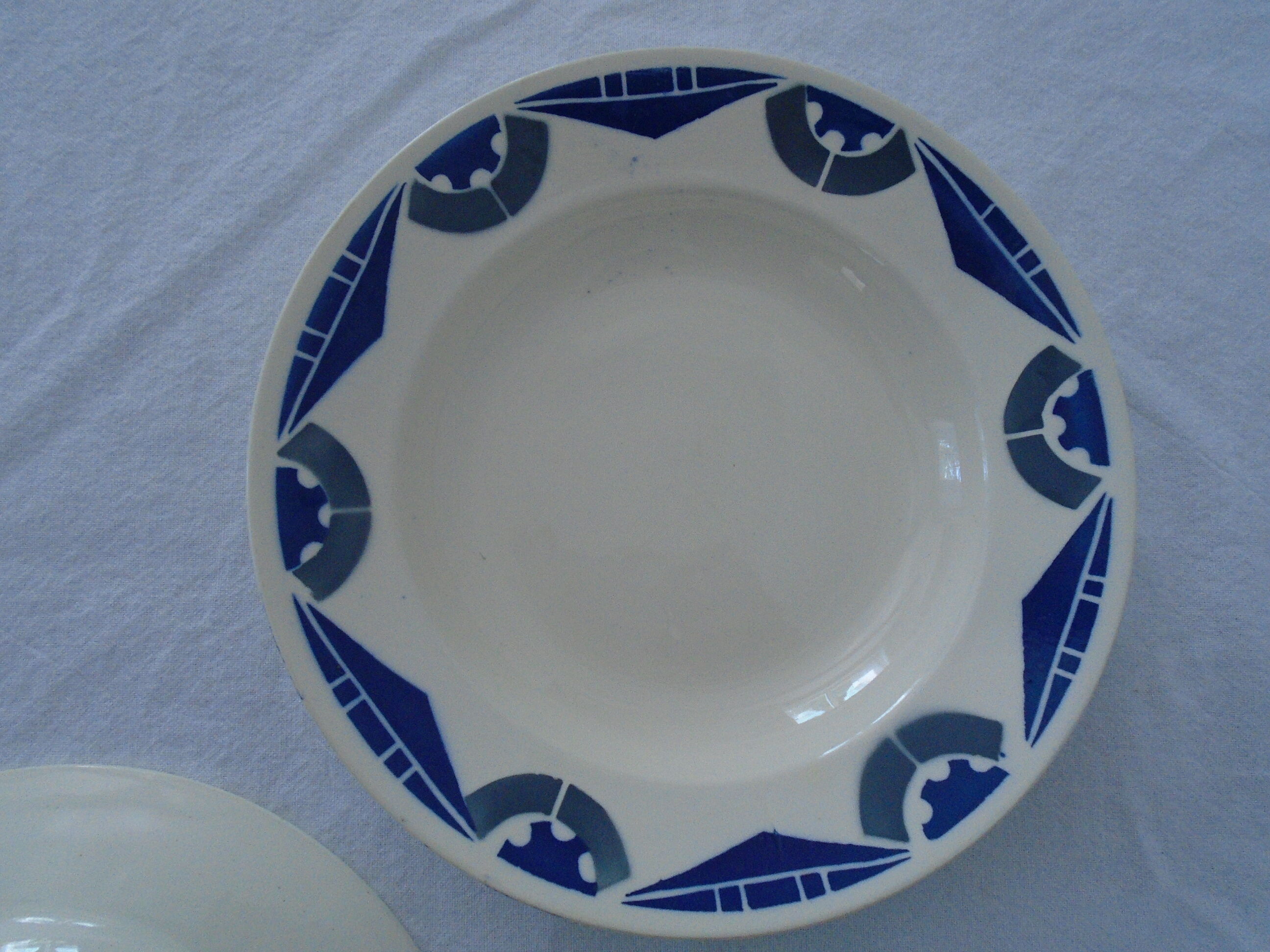 3 Plates faience old Badonviller motis art deco blue and gray