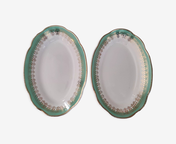 Lot de 2 raviers ovales en porcelaine opaque Digoin Sarreguemines décor  vert d'eau et frise dorée | Selency