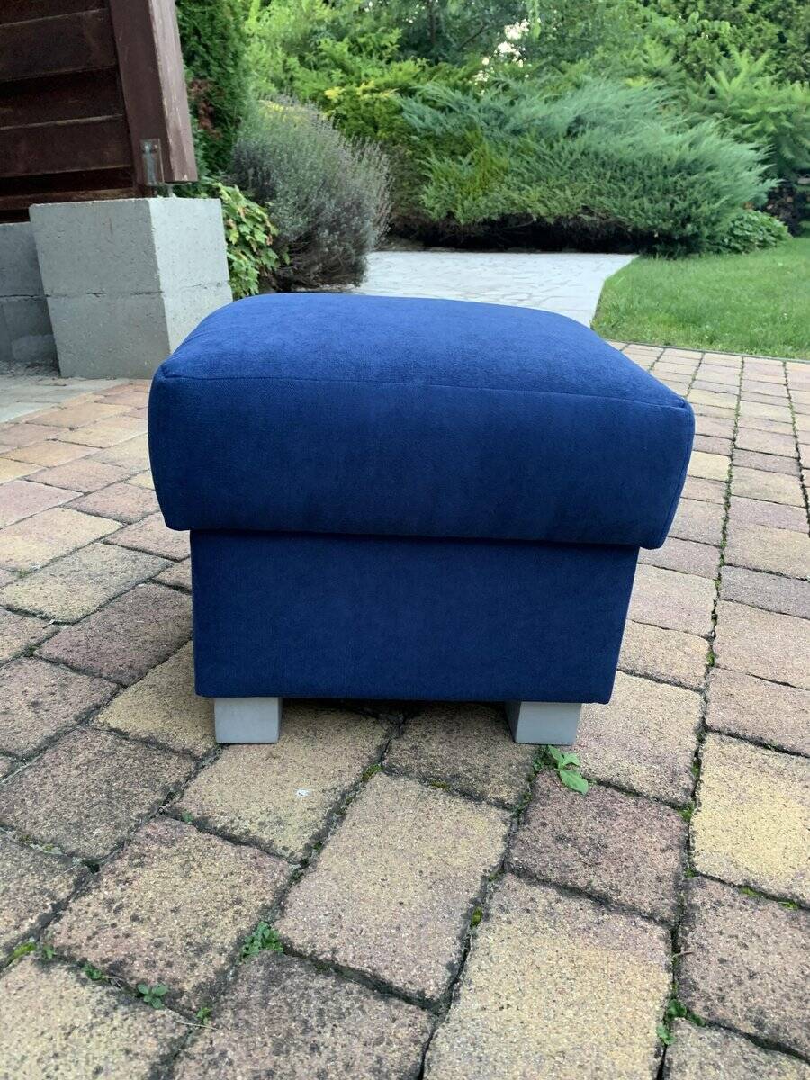 Mid-century blue fabric ottoman stool, 1950s compact modernist design.