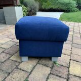 Mid-century blue fabric ottoman stool, 1950s compact modernist design.