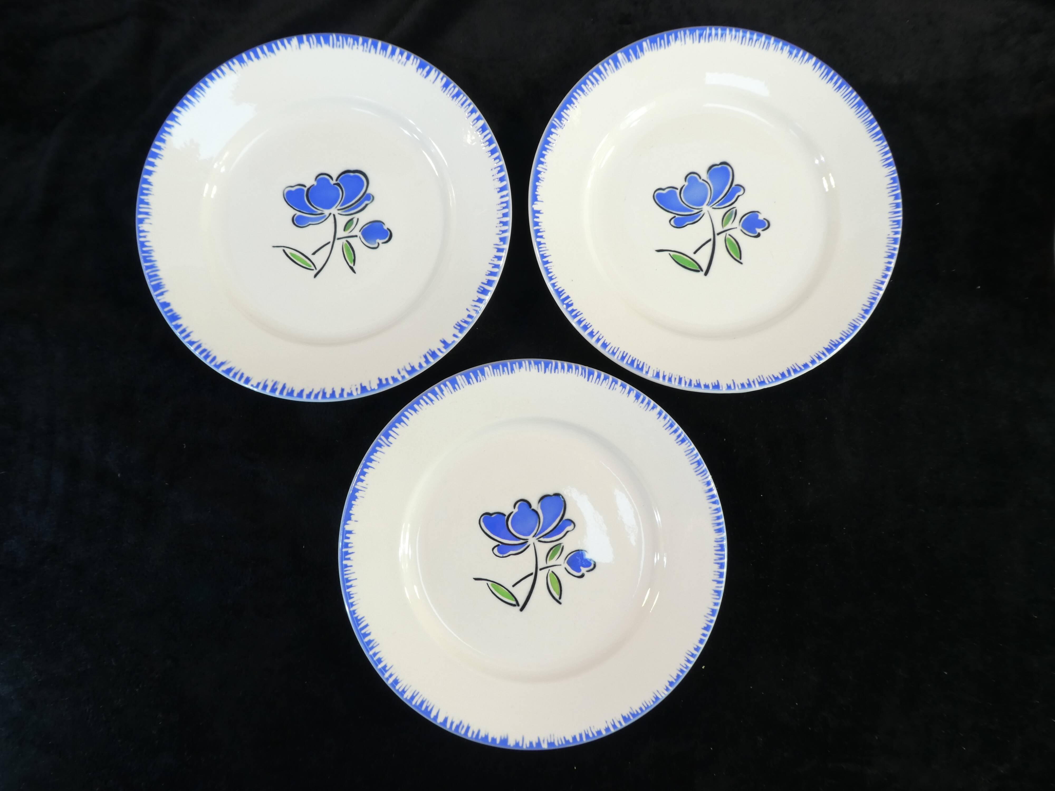 12 flat plates badonviller décor blue flower no digoin nº1