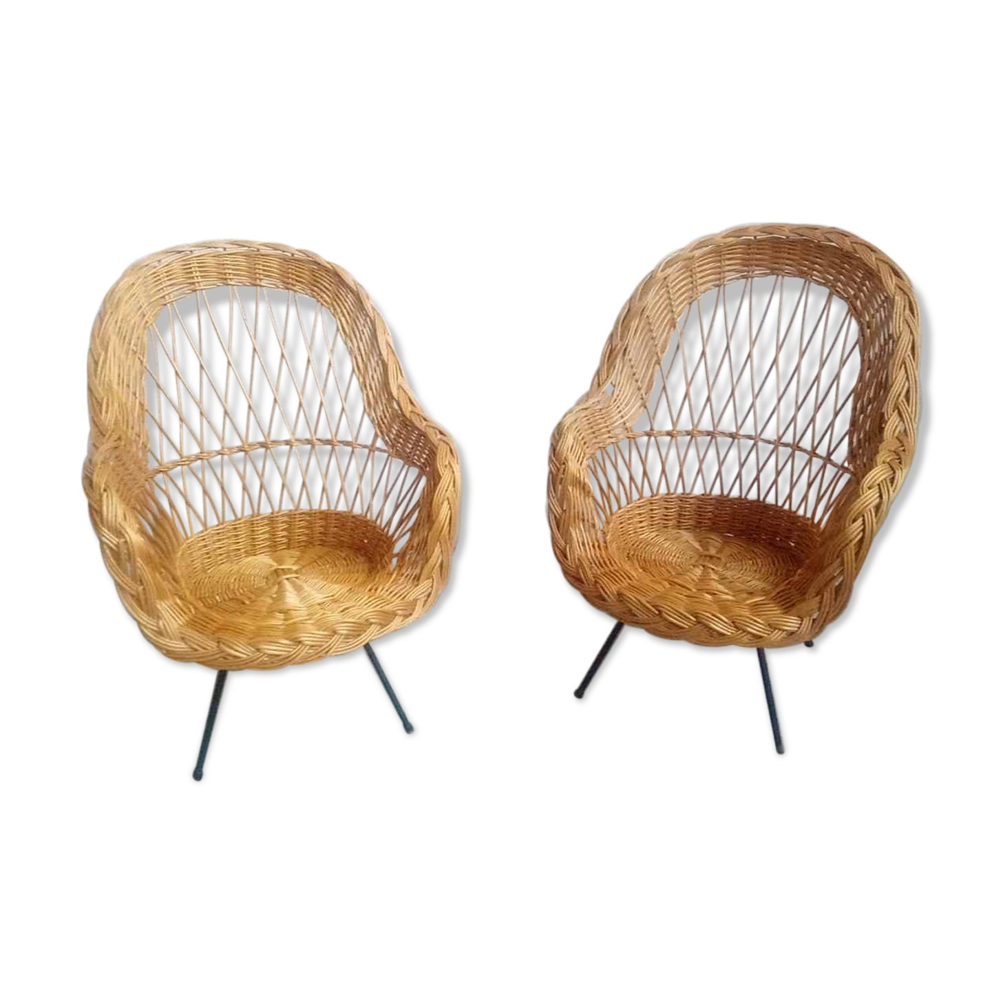Paire de fauteuils rotin pied métal vintage