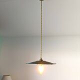 Vintage green enamelled metal suspension, antique industrial light fixture.
