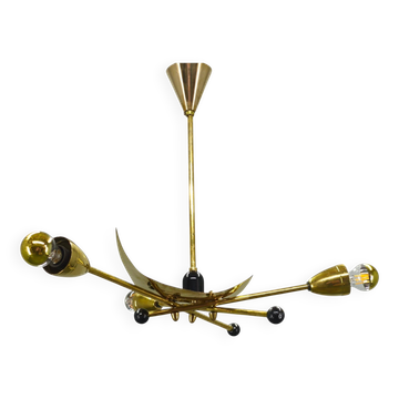 Chandelier Sputnik en laiton de style Stilnovo italien, années 1970