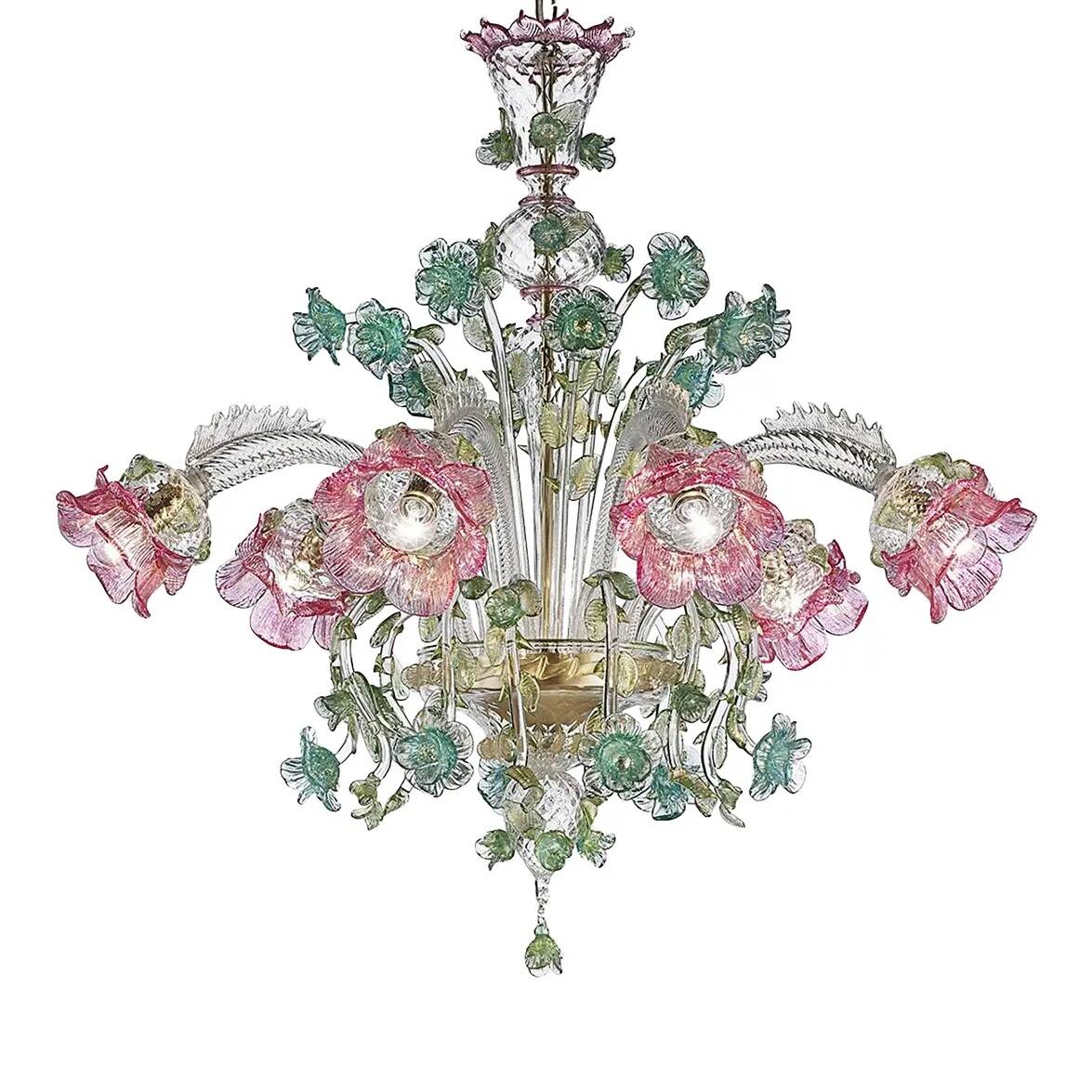 Ornate Venetian Pink and Green Floreal Murano Glass Chandelier